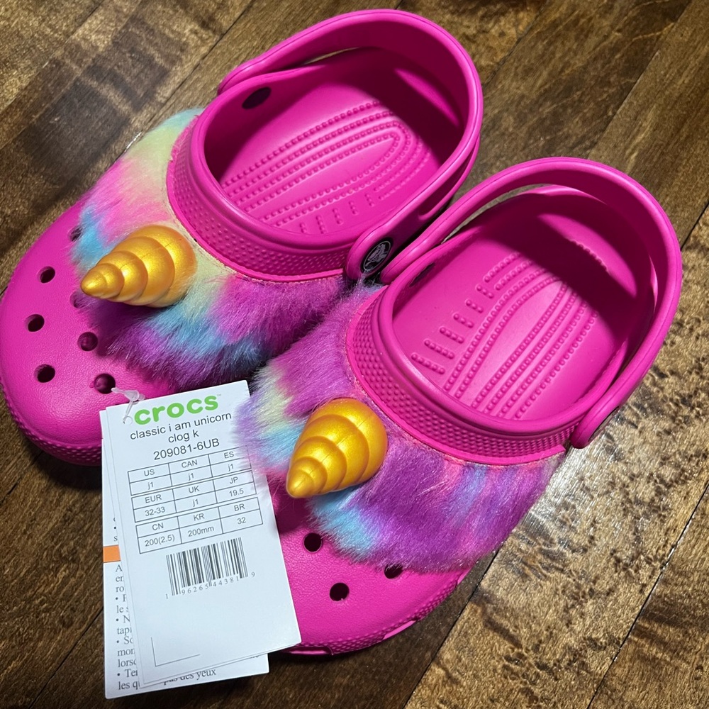 CROCS Pink and Gold Slippers with Unicorn Charm